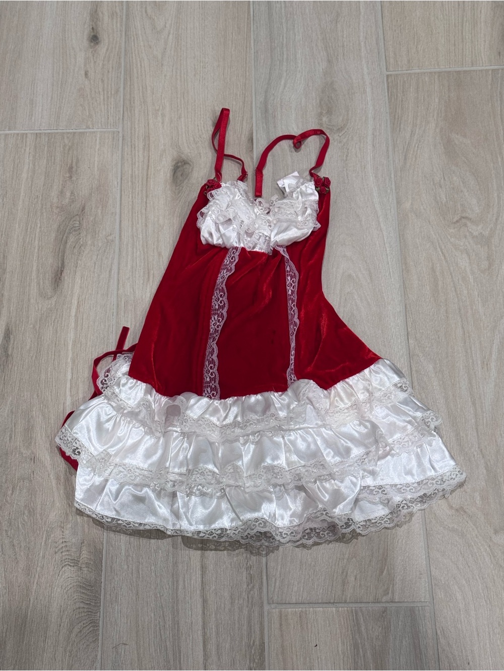 Playboy Red Velvet Little Red Riding Hood Costume Dress with White Lace Trim - Picture 2 of 13
